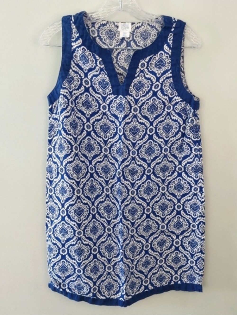 Sigrid Olsen Women's Mini Dress Small 100% linen Blue White V-neck Sleeveless